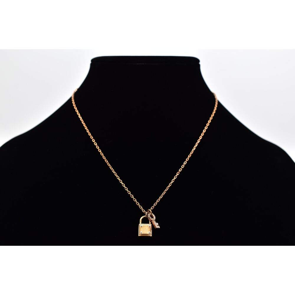 Michael Kors Rose Gold Lock Key Pendant Necklace Rhinestone Vintage Signed BinT